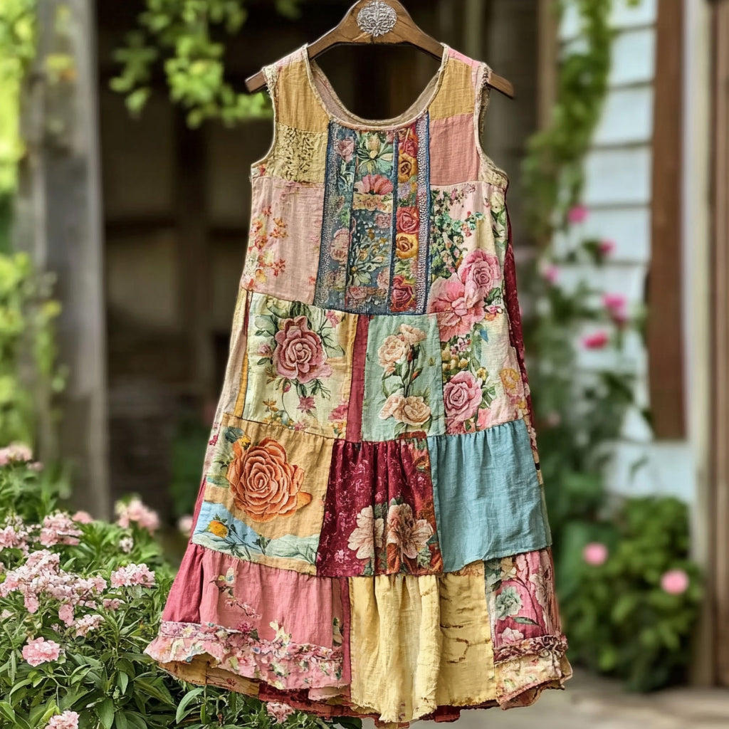 Women's Vintage Floral Pattern Patchwork Tank Midi Dress artswardrobe