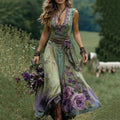 Vintage Purple Floral V Neck Sleeveless Maxi Dress