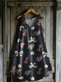 Women's Vintage Ethnic Flower Art Print V-neck Pocket Cotton Dress