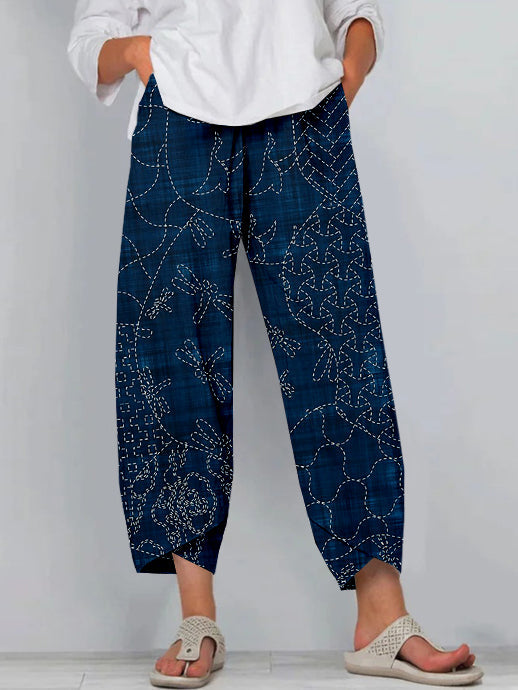 Comstylish Vintage Japanese Sashiko Art Linen Blend Cropped Casual Pants