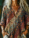 Women's Retro Ethnic Collage Art Pattern Print Casual Cotton Linen Shi