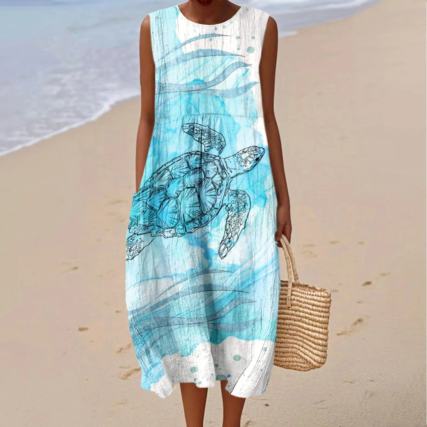 Comstylish Women's Vintage Sea Turtles Art Print Cotton Casual Dress
