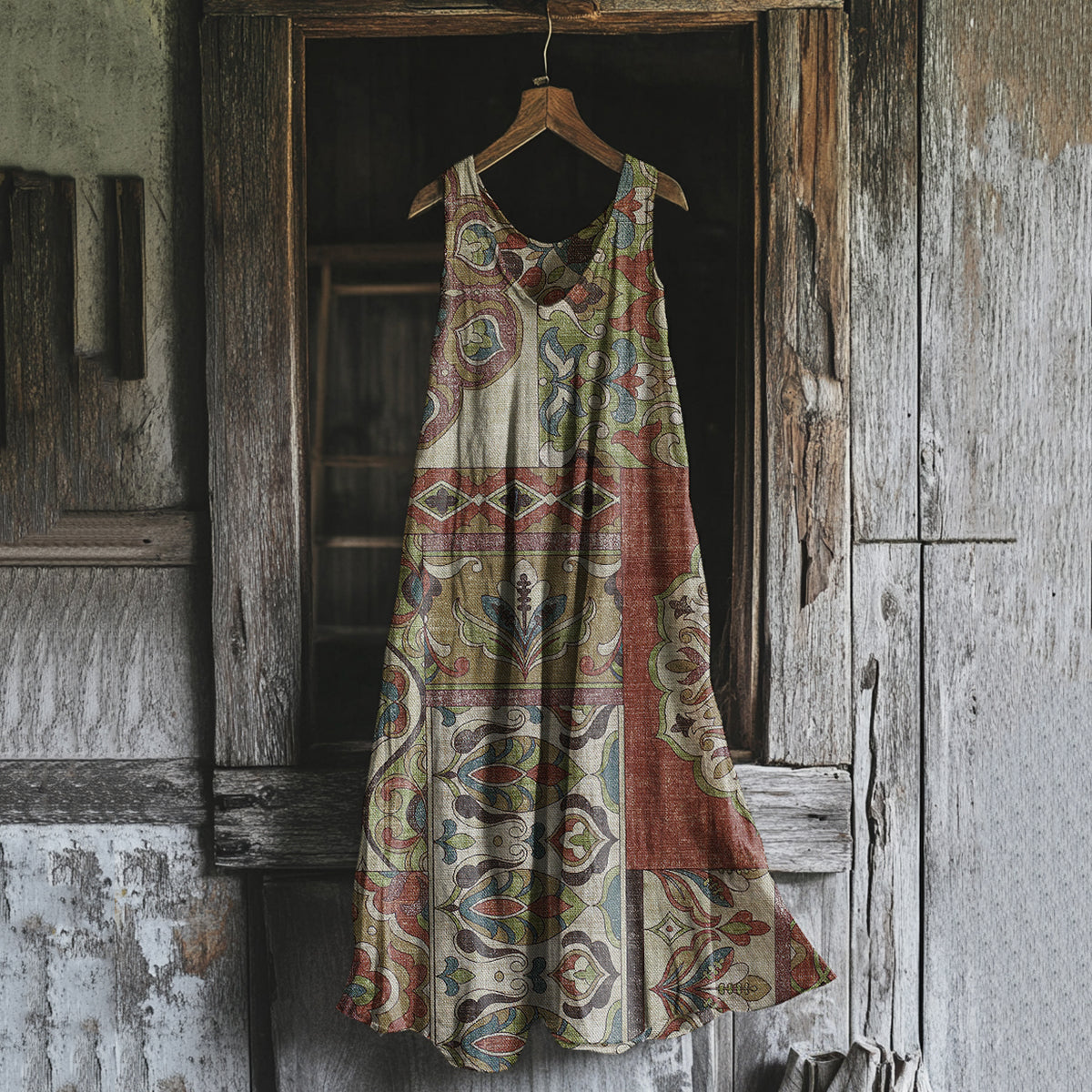 Vintage Tribal Patchwork Floral Art Linen Tank Dress artswardrobe