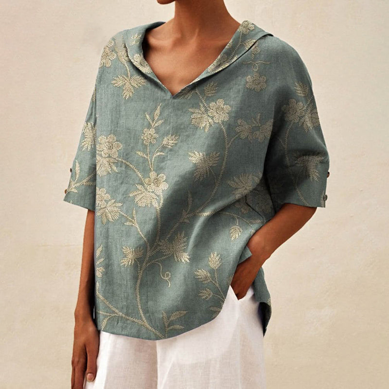 Comstylish Women's Art Print Casual Linen V-Neck Shirt