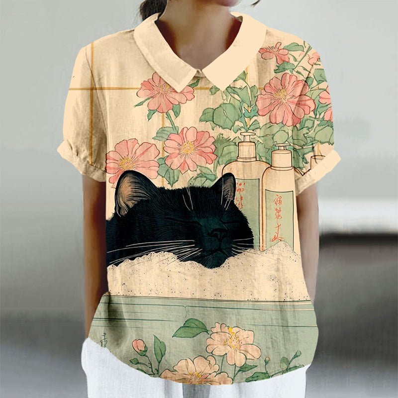 Vintage Black Cat In A Bathtub Japanese Art Linen Shirt