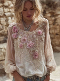 Comstylish Vintage Pink Flowers Embroidered Long Sleeve Linen Tunic
