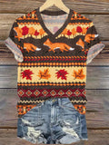 Women's The Fox And Foliage Print V Neck T-Shirt artswardrobe