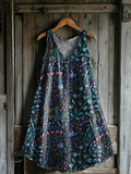 Women's Vintage Floral Art Print V-neck Pocket Cotton Dress