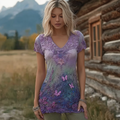 Bohemian Retro Plant Flower And Butterfly Print Women's T-shirt elevenforest