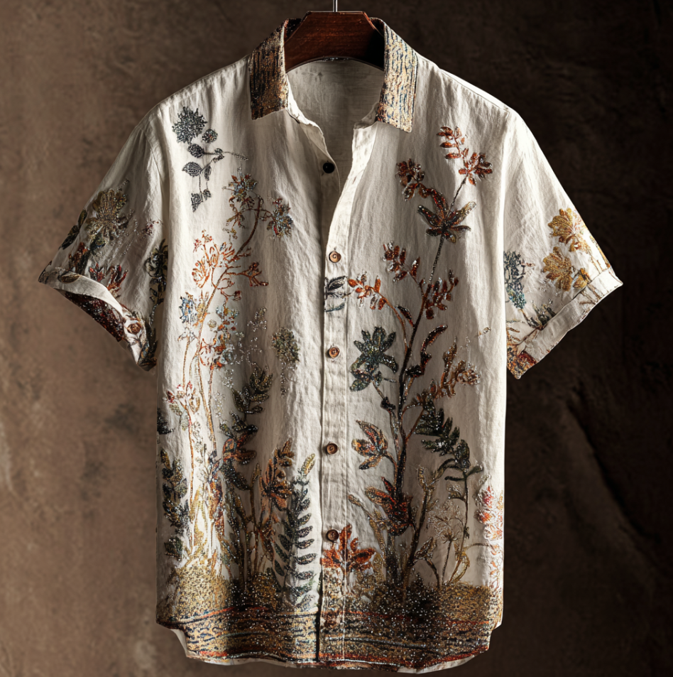 Bohemian Style Plant And Flower Pattern Men's Retro Cotton And Linen Shirt artswardrobe