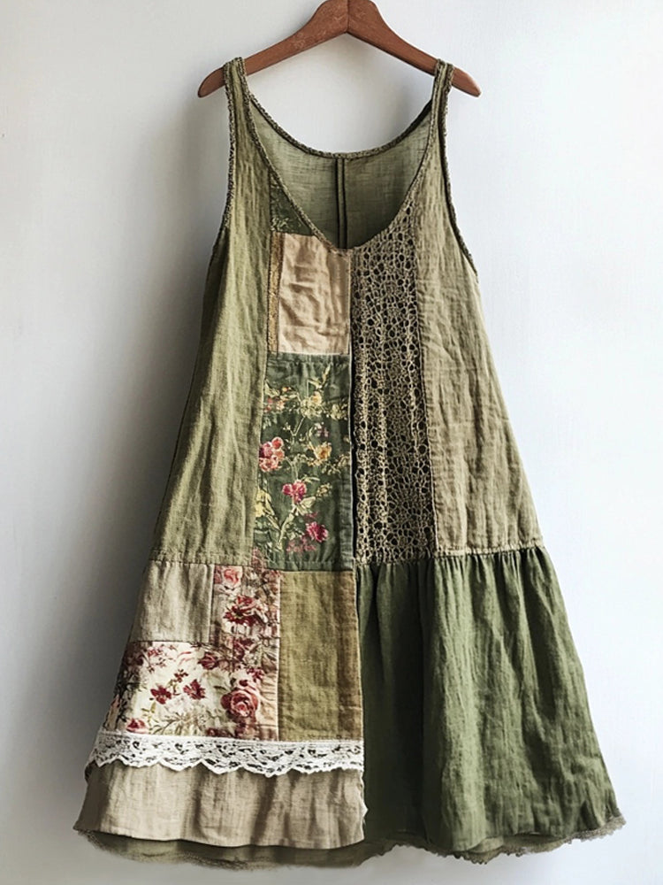 Vintage Floral Pattern Linen Blend Lace Patchwork Dress artswardrobe
