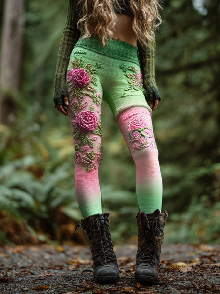Women's Vintage Skull And Rose Patchwork Comfortable Leggings artswardrobe