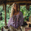 Comstylish Vintage Bohemian Floral Embroidery Linen Blend Shirt