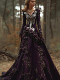 Comstylish Women's Halloween Skeleton Withered Rose Purple V-neck Retro Dress