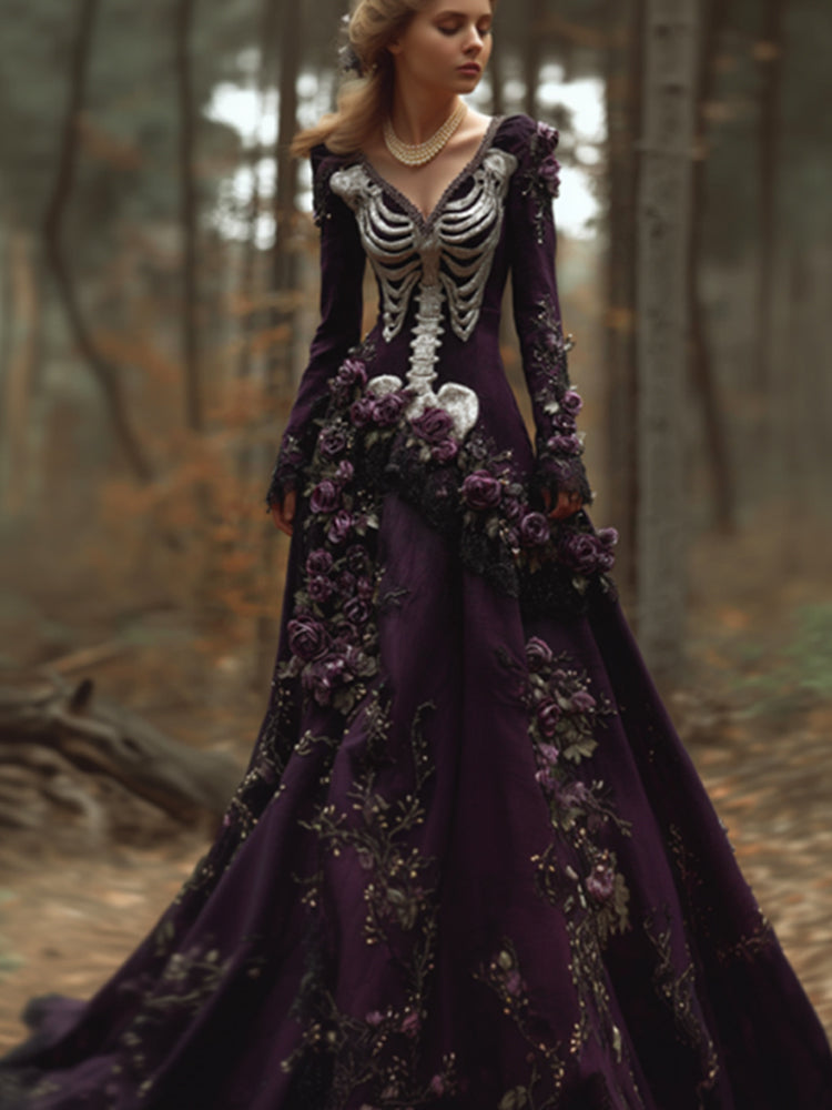 Comstylish Women's Halloween Skeleton Withered Rose Purple V-neck Retro Dress