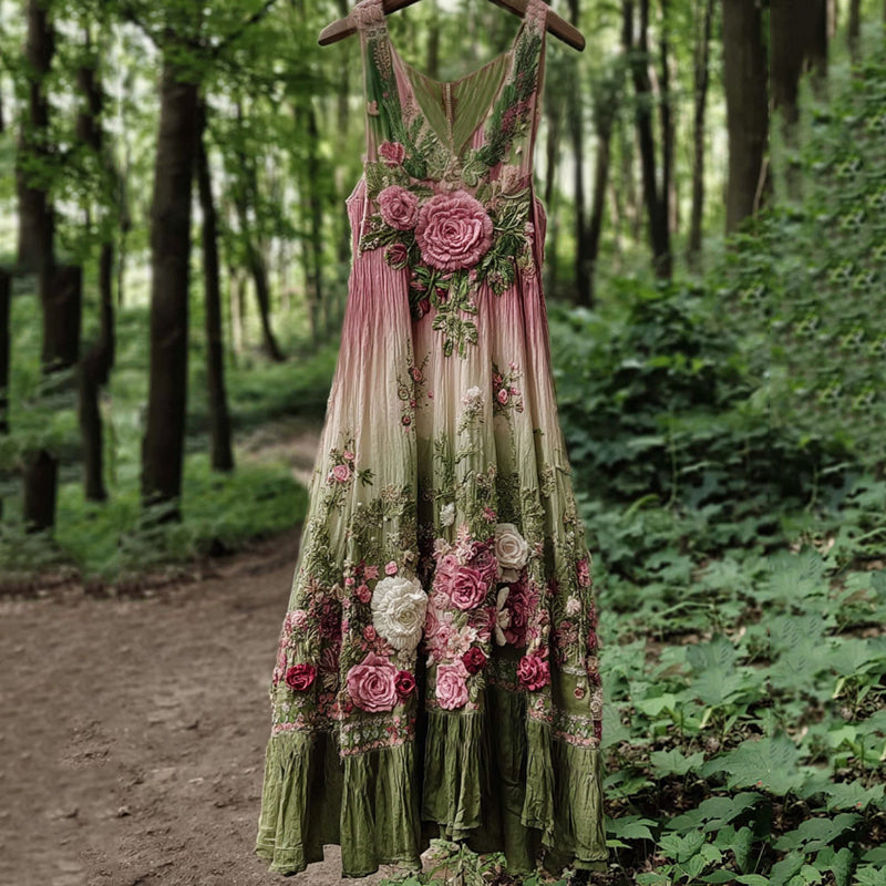Vintage Classy Boho Gradient Pink Roses Embroidered Linen Maxi Dress artswardrobe
