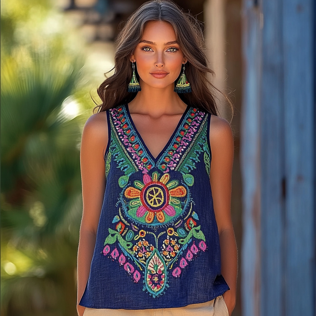 Women's Vintage Bohemian Art Linen Vest artswardrobe