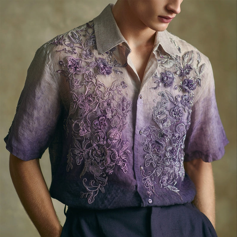 Men's Purple Floral Lace Embroidered Gradient Linen Shirt artswardrobe