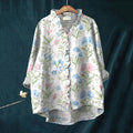 Elegant Floral Patchwork Pattern Art Linen Ruffle Shirt artswardrobe