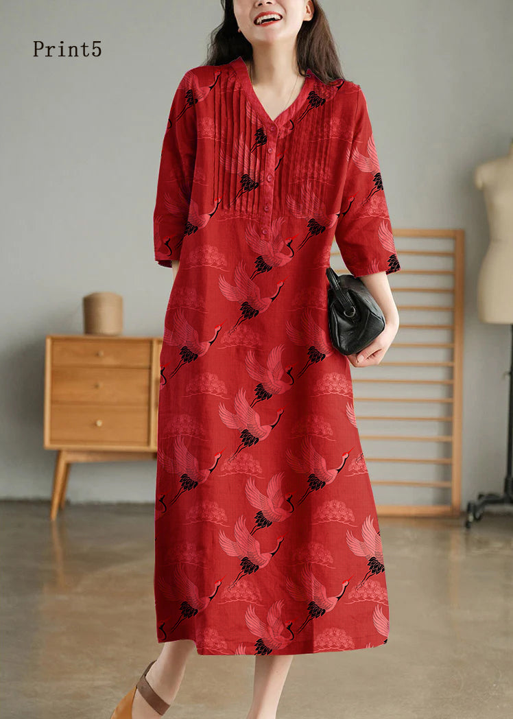 Light Green Loose Linen Long Dresses Button Half Sleeve