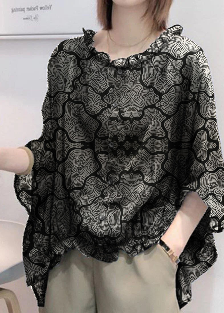 Art Navy Tops Ruffles Trim Half Sleeve Shirts Blouse