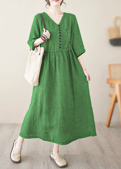 Purple V Neck Plaid Patchwork Button Linen Maxi Dresses Summer