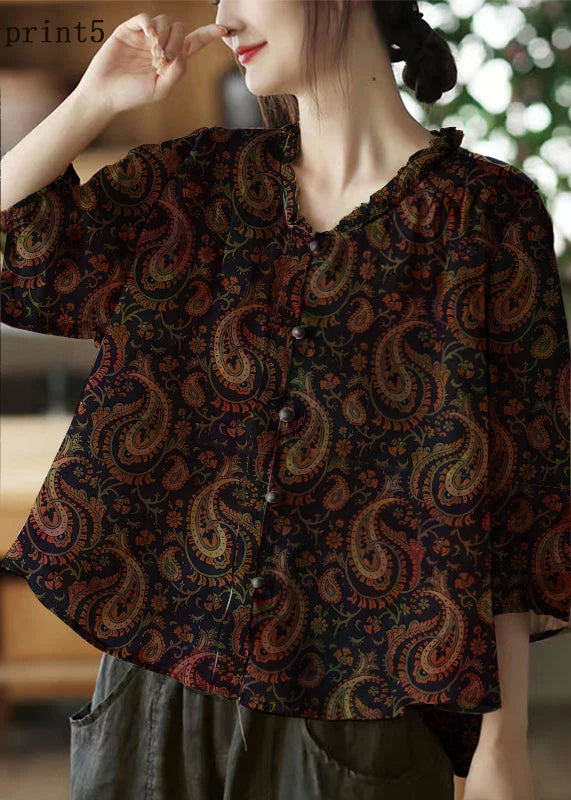 Color Stripes V Neck Ruffled Print Linen Blouse Top Half Sleeve