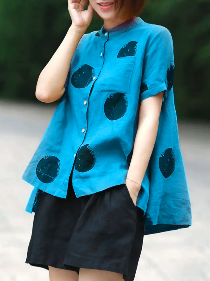Dark Green Dot Print Patchwork Linen Top Button Stand Collar Summer