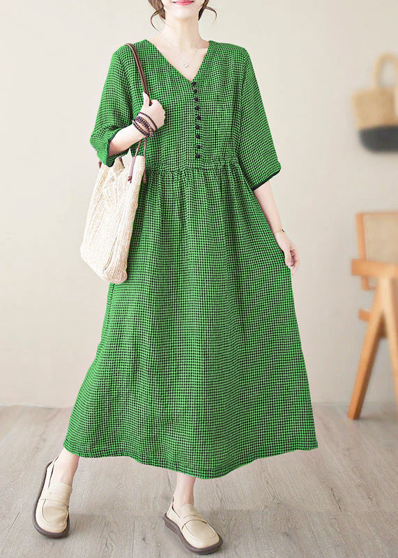 V Neck Plaid Patchwork Button Linen Maxi Dresses Summer