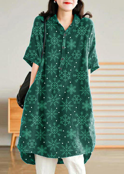 Jade Dark Green-snowflake Linen Linen Shirt Dress