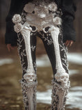Comstylish Women Halloween Skeleton With White Rose Retro Pants