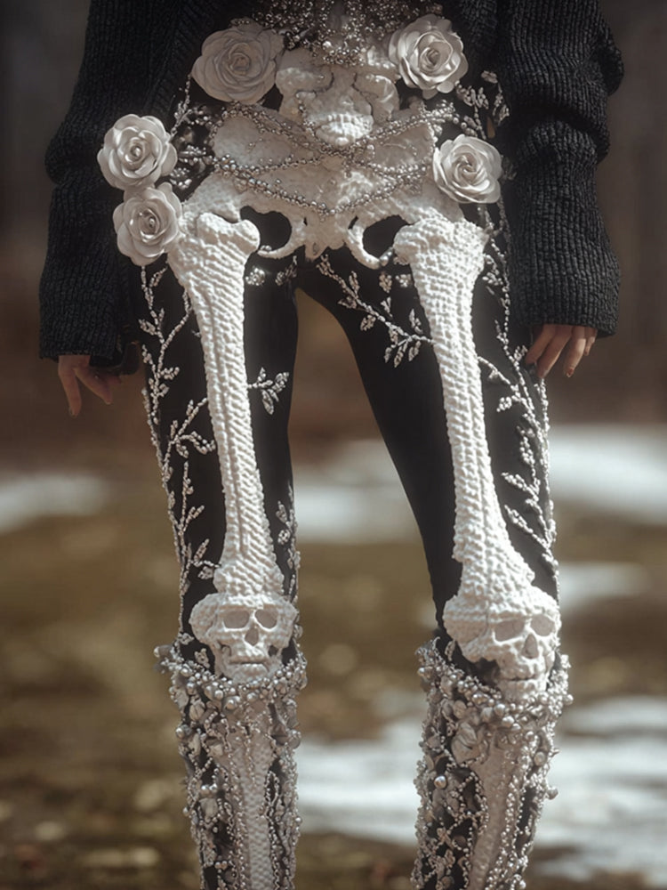Comstylish Women Halloween Skeleton With White Rose Retro Pants