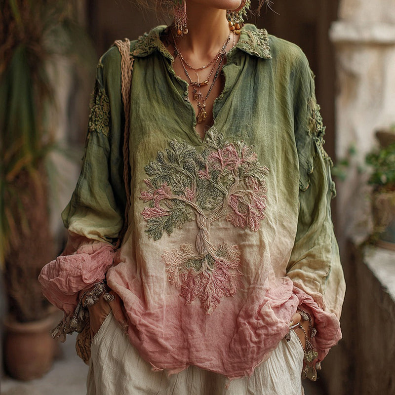Women's Vintage Viking Tree Of Life Gradient Linen Shirt artswardrobe