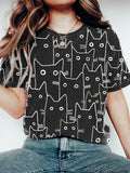 Cute Black & White Line Cat Print Short Sleeve T-Shirt elevenforest