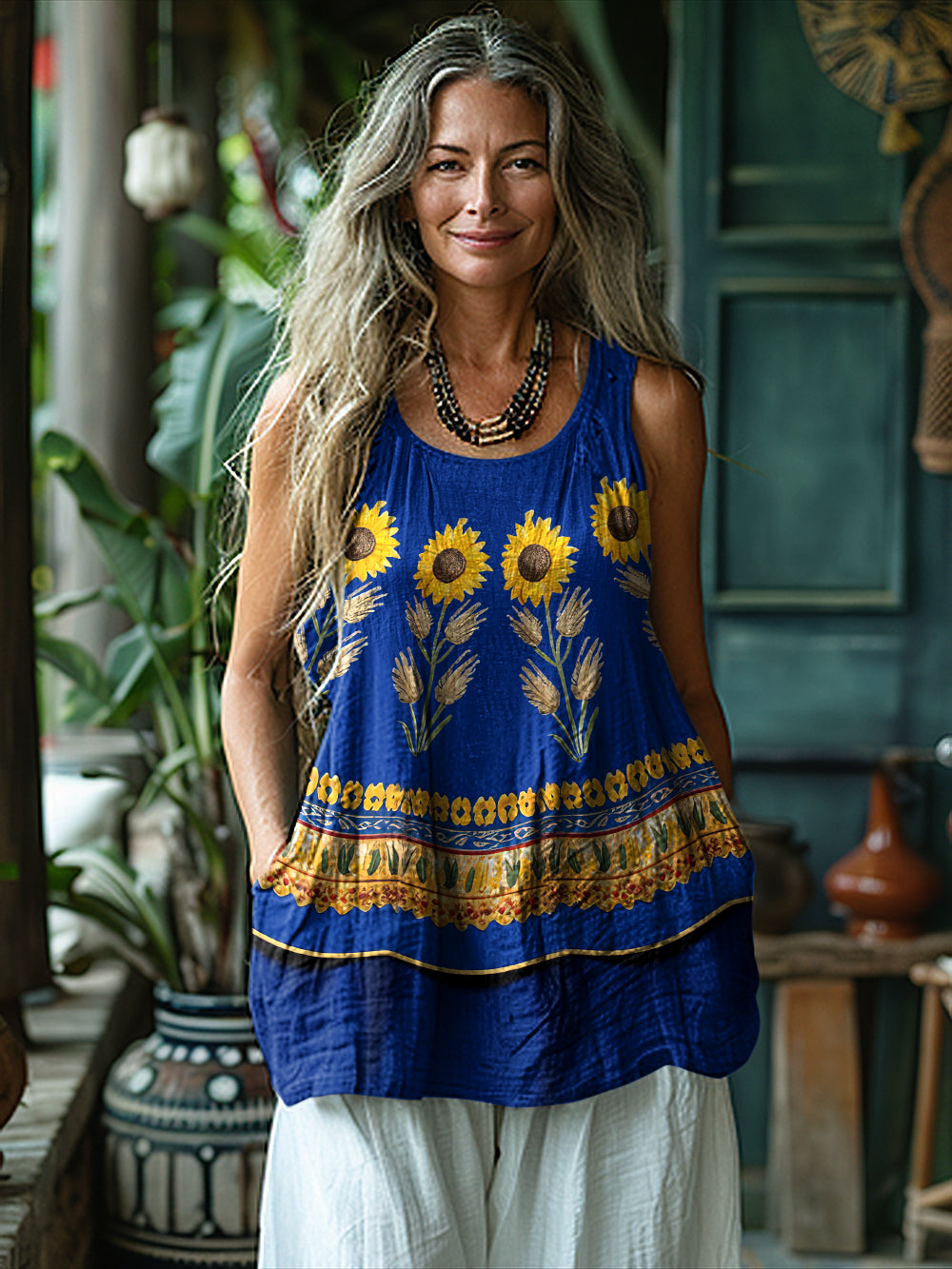 Boho Sunflowers Linen Sleeveless Tank Top artswardrobe