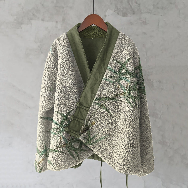 Comstylish Vintage Bamboo Japanese Art Cozy Fleece Kimono Cardigan