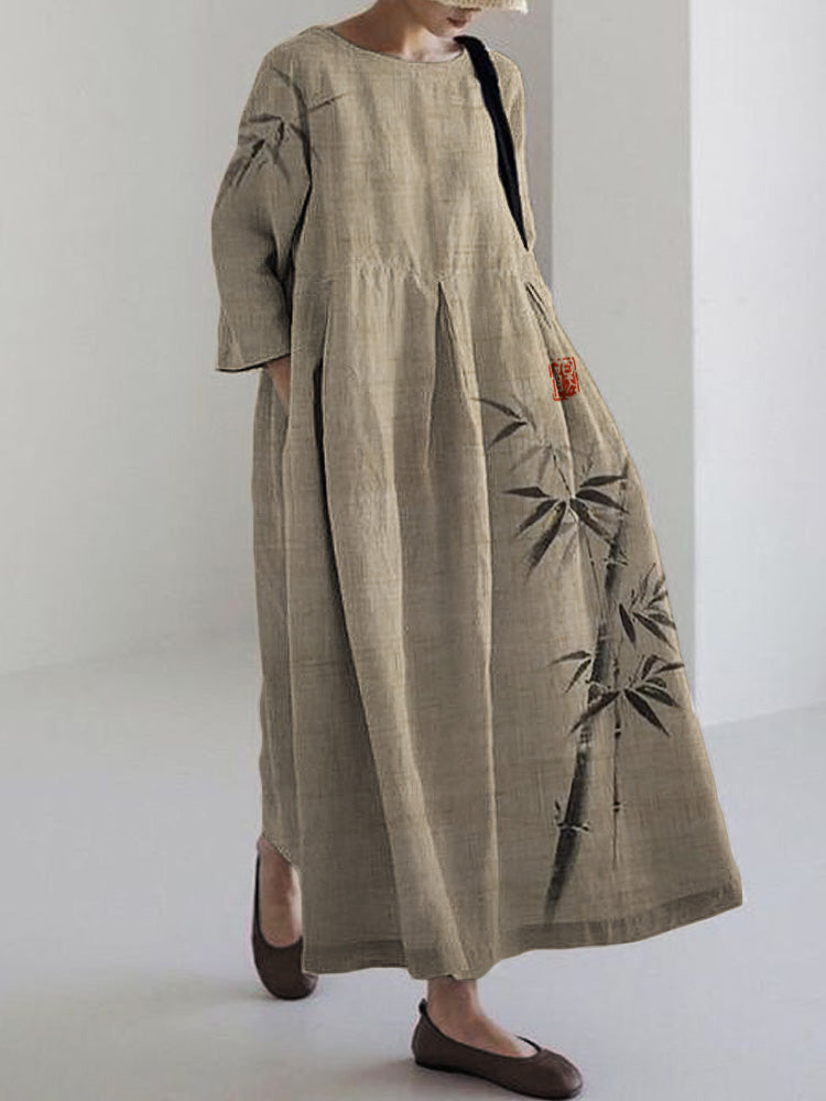 Comstylish Classy Bamboo Japanese Art Linen Blend Maxi Dress