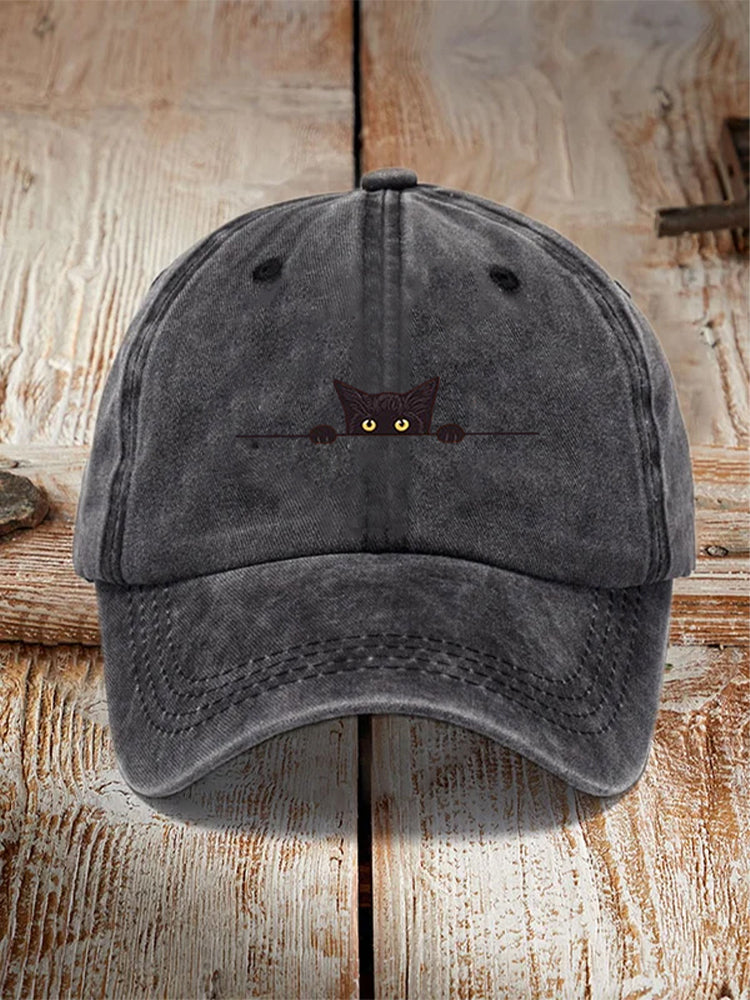 Comstylish Japanese Art Black Cat Print Washed Hat
