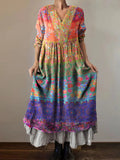 Women's Bohemian Floral Patchwork Art Pattern Print V-Neck Pocket Cott