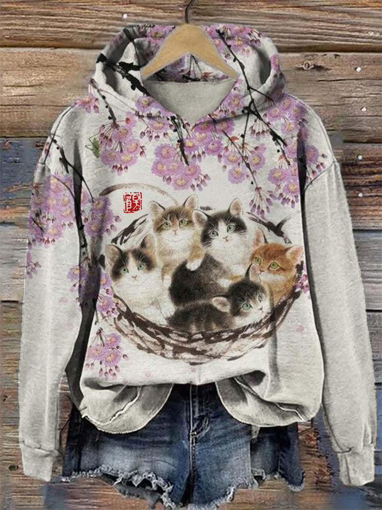 Fuzzy Cat Under Floral Tree Art Cozy Hoodie elevenforest