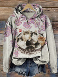 Fuzzy Cat Under Floral Tree Art Cozy Hoodie elevenforest