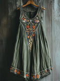 Vintage Cottage Floral Embroidered Linen Tank Dress artswardrobe