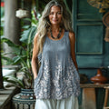 Lace Floral Art Linen Sleeveless Tank Top artswardrobe