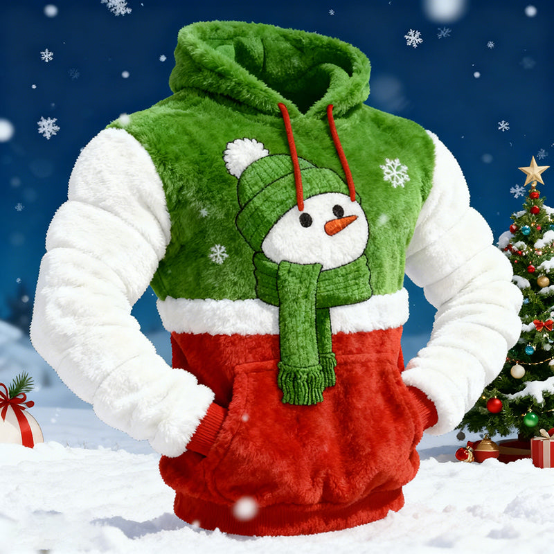 Comstylish Men's Fun Christmas Snowman Color Block Plush Hoodie