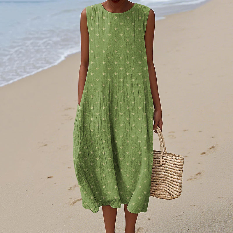 Vintage Loose Bayberry Strieart Sleeveless Cotton And Linen Tank Dress artswardrobe