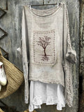 Vintage Tree Embroidered Frayed Fiber Art Linen Blend Tunic artswardrobe