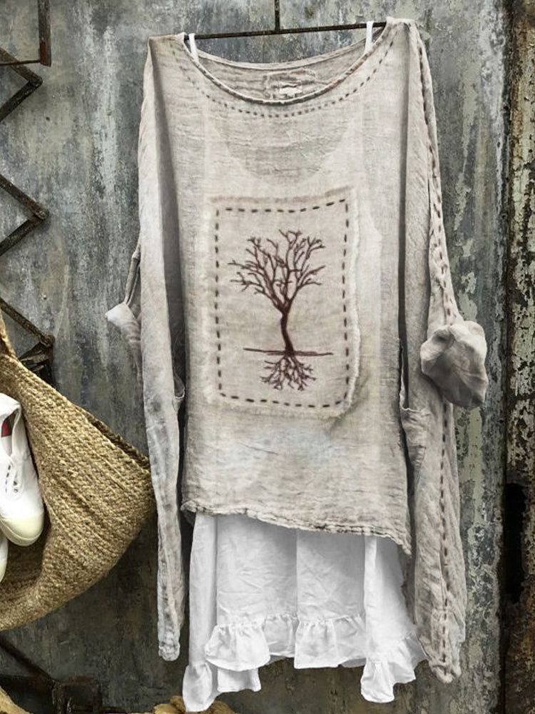 Vintage Tree Embroidered Frayed Fiber Art Linen Blend Tunic artswardrobe
