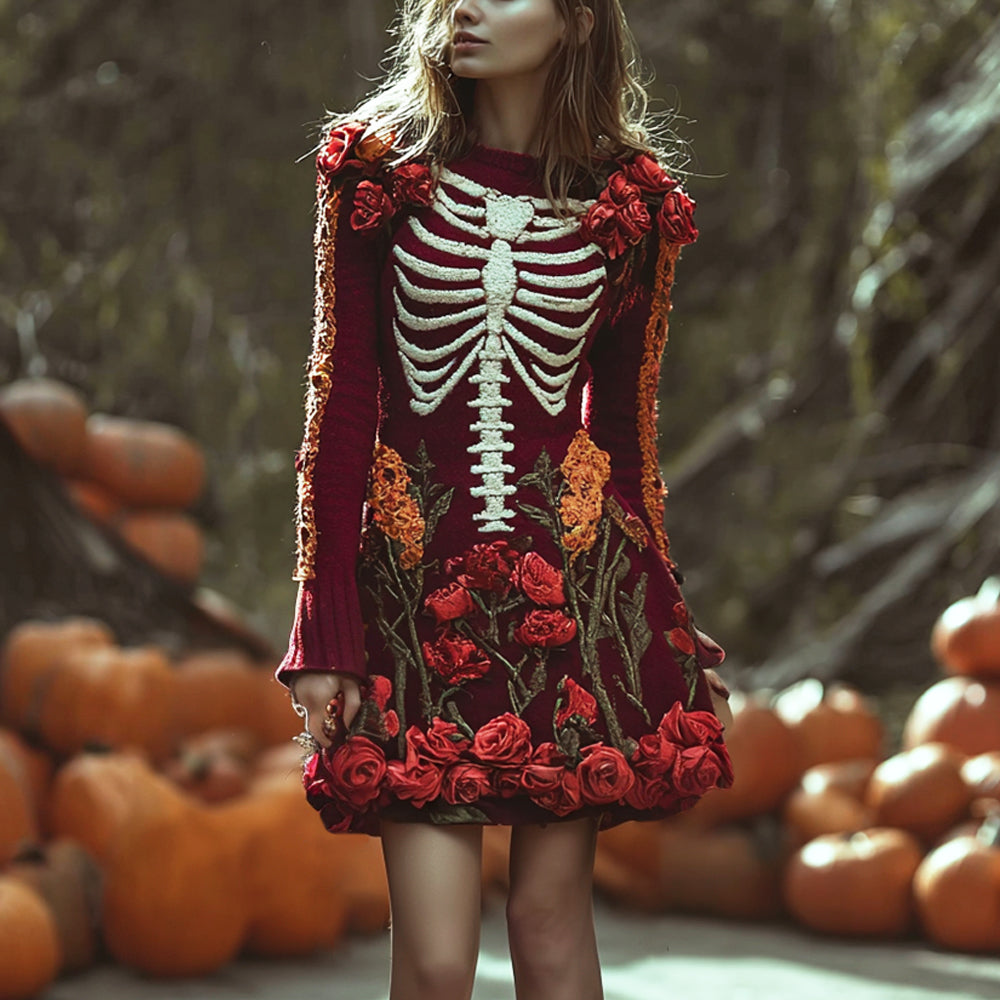 Comstylish Halloween Skeleton Floral Embroidered Women's Knit Mini Dress