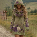 Classy Gradient Purple Lavender And Floral Art Cozy Knit Mini Hooded Dress