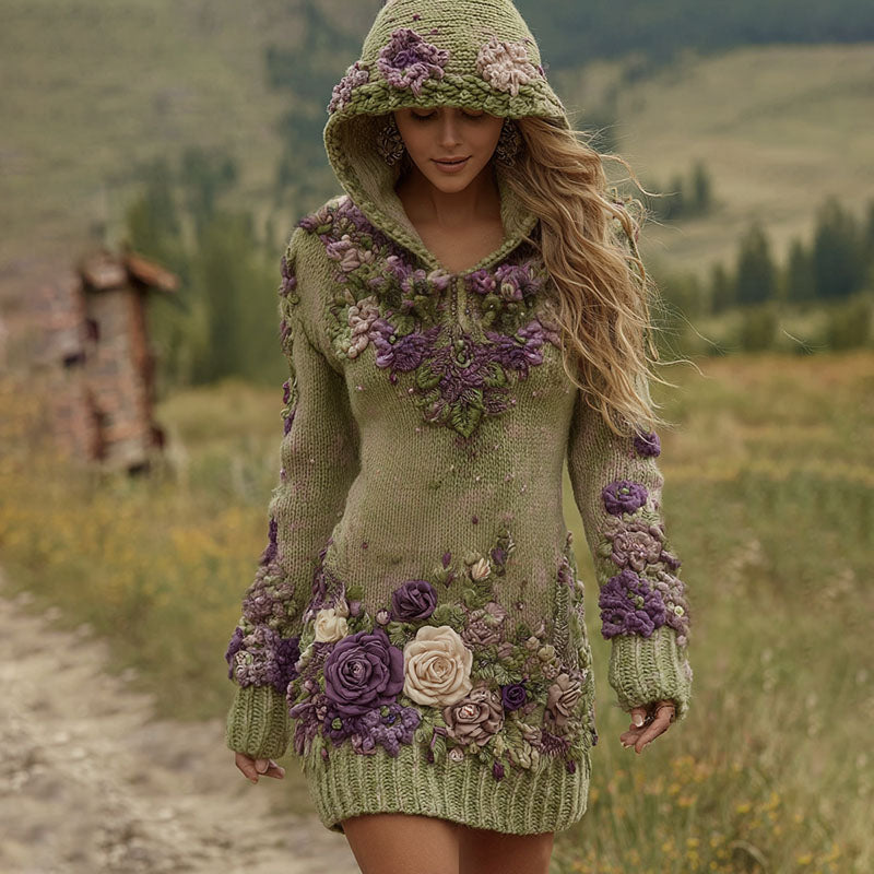 Classy Gradient Purple Lavender And Floral Art Cozy Knit Mini Hooded Dress